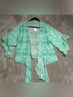 CATO Open Front Sheer Cardigan Women’s Medium Teal Green Floral
